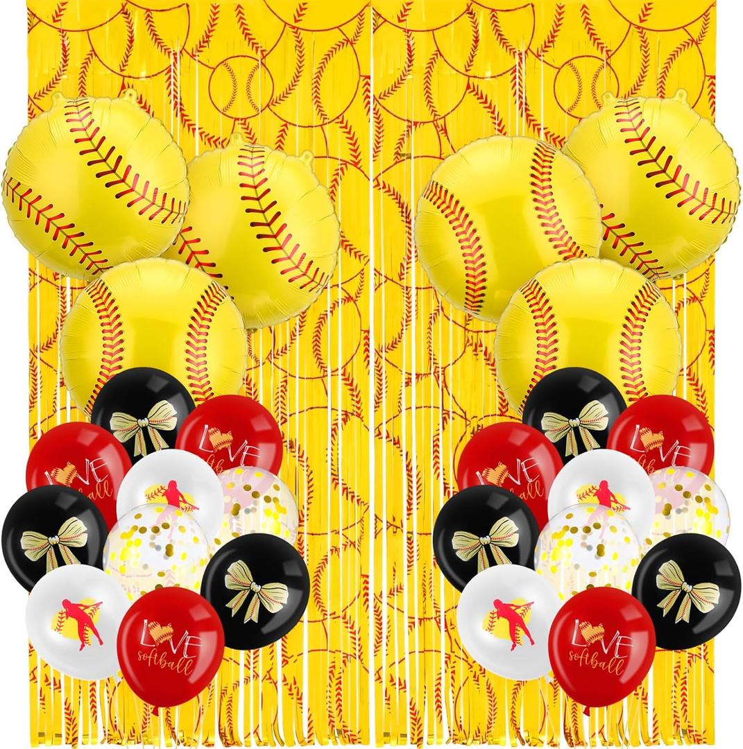 HunnmingRe 42 Pcs Softball Party Decorations, Softball Balloon Set with 2 Pack Foil Fringe Curtains, Senior Night Decorations Sports Party Supplies for Graduation, Birthday Team Gifts Backdrop