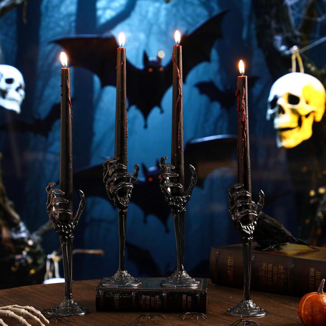 LemonRoad 4 Set Halloween Skull Taper Candle Holders with 4 Vampire Tears Black Candles Gothic Decor Candle Stick Holder Spooky Skeleton Hands Tealight Holder for Halloween Decoration Party Supplies