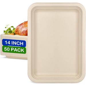 14 inch Large Paper Plates, 50 Pack Disposable Trays, 100% Compostable Paper Plates Heavy Duty, Eco Friendly Disposable Plates, Brown Paper Plates Dinner for Party BBQ Picnic