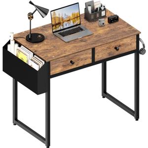 Lufeiya Small Computer Desk with 2 Drawers for Bedroom, 31 Inch Home Office Desk with Storage Fabric Drawer and Bag, Study Writing Table for Small Spaces, Rustic Brown