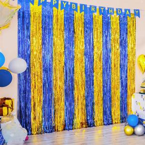 LOLStar 2 Pack Navy Blue and Gold Party Decorations, 3.3x6.6 ft Foil Fringe Curtains, Tinsel Backdrop, Graduation Photo Booth Prop Streamer Backdrop for Birthdays, Ramadan, Retirement, Graduations