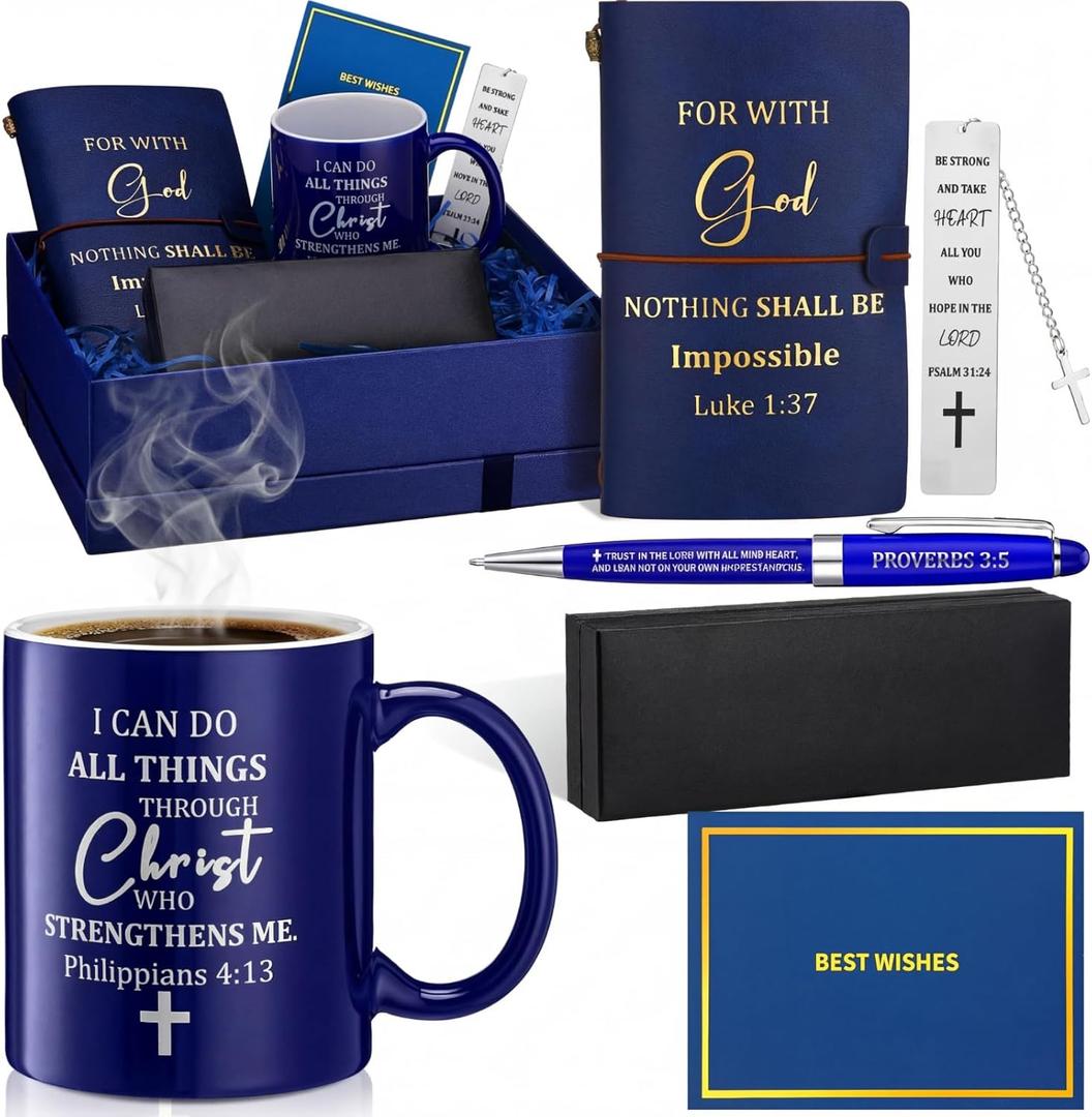 Shellwei 6 Pcs Valentines Christian Gift for Men 11 oz Mug Leather Notebook Religious Metal Bookmark Christian Pen with Box and 1 Refills Greeting Card and Box for Valentines Pastor Appreciation Gifts (Blue)