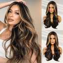 Brown Blonde Highlight Wigs for Women 26 Inch Long Curly Synthetic Wigs Middle Part Blonde Highlights Hair Wigs Loose Wavy wig Heat Resistant