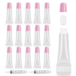 AMORIX 50PCS Lip Gloss Tubes Empty 10ml Pink Cap Lip Gloss Containers Lip Balm Tubes Cute Squeeze Tubes Lipgloss Making Supplies + 2 x 20ml Syringes Tag Labels for Lip Gloss Base