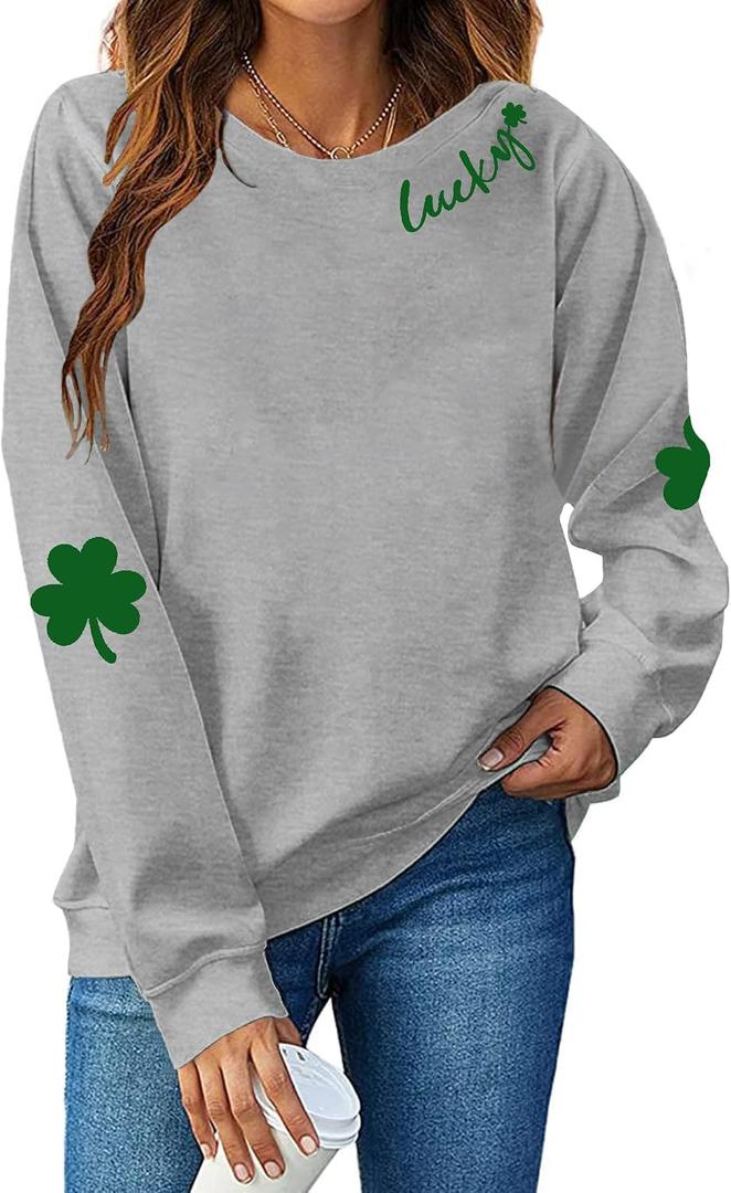 St Patricks Day Sweatshirt Women St Patricks Day Shirt Funny Shamrock Sweater Irish Lucky Long Sleeve Pullover Tops (L)
