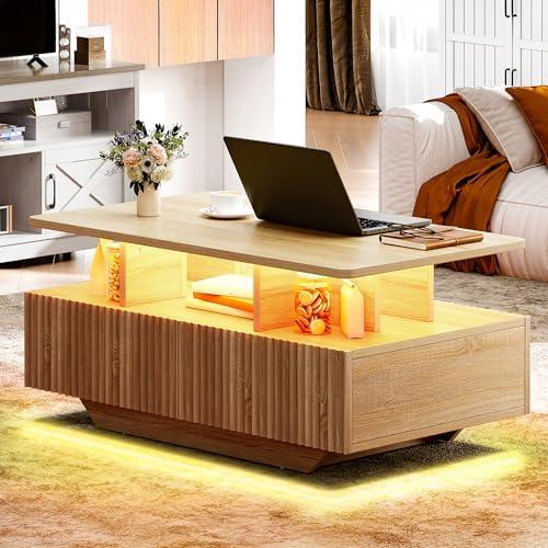 YITAHOME LED Coffee Tables for Living Room, Fluted Farmhouse Coffee Table with Storage 4 Drawers and Open Compartment, Modern Rectangle Coffee Tables Small Wood Tables for Home Decor, Natural Oak