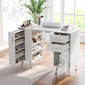 42'' Manicure Table for Nail Tech with Electric Dust Collector and Wrist Rest, Nail Desk with Vertical Pull-Out Locker, 1 Storage Cabinet, 2 Drawers, 4-Tiers Open Shelves, Beauty Salon Workstation