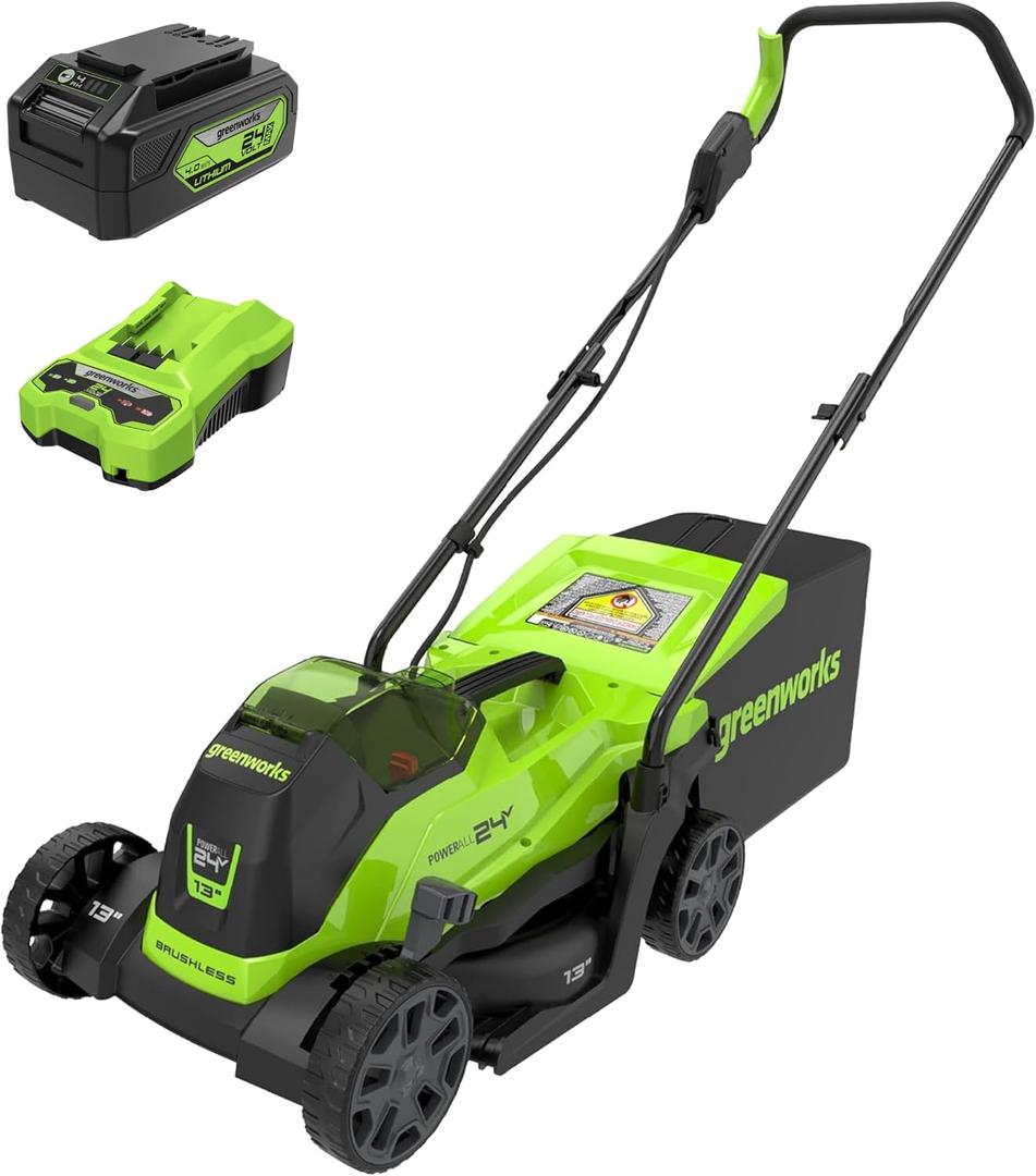 Greenworks 24V 13 Brushless Cordless Lawn Mower with 4.0Ah Battery & Charger,Maintenance-Free Push Mower with 2-in-1 Mulch/Bag