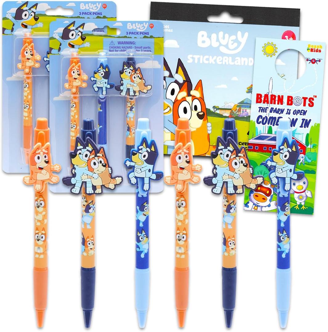 Bluey Pens for Kids Set - 6 Pc Bluey Ballpoint Pens Party Supplies Bundle Featuring Bluey and Bingo Plus Stickers and Door Hanger | Bluey Party Favors for Toddlers, Kids