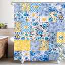 Boho Blue Floral Shower Curtain 60Wx72H Inches Bohemian Retro Patchwork Flowers Blooming Floral Farmhouse Shabby Chic Cloth Fabric Waterproof Polyester Bathroom Home Decor Set with Hooks