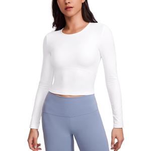 CRZ YOGA Butterluxe Scoop Neck Long Sleeve Shirts for Women - Workout Athletic Casual Tops Crop Slim Basic Tight Shirt (White) X-Small