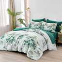 Dinjoy King Size Comforter Set, 7 Piece King Size Bed in a Bag, White Lightweight Comforter King, Bed Sets King, Flower Bedding Sets with Comforter, Fitted & Flat Sheets, Pillowcases & Pillow Shams (Green)
