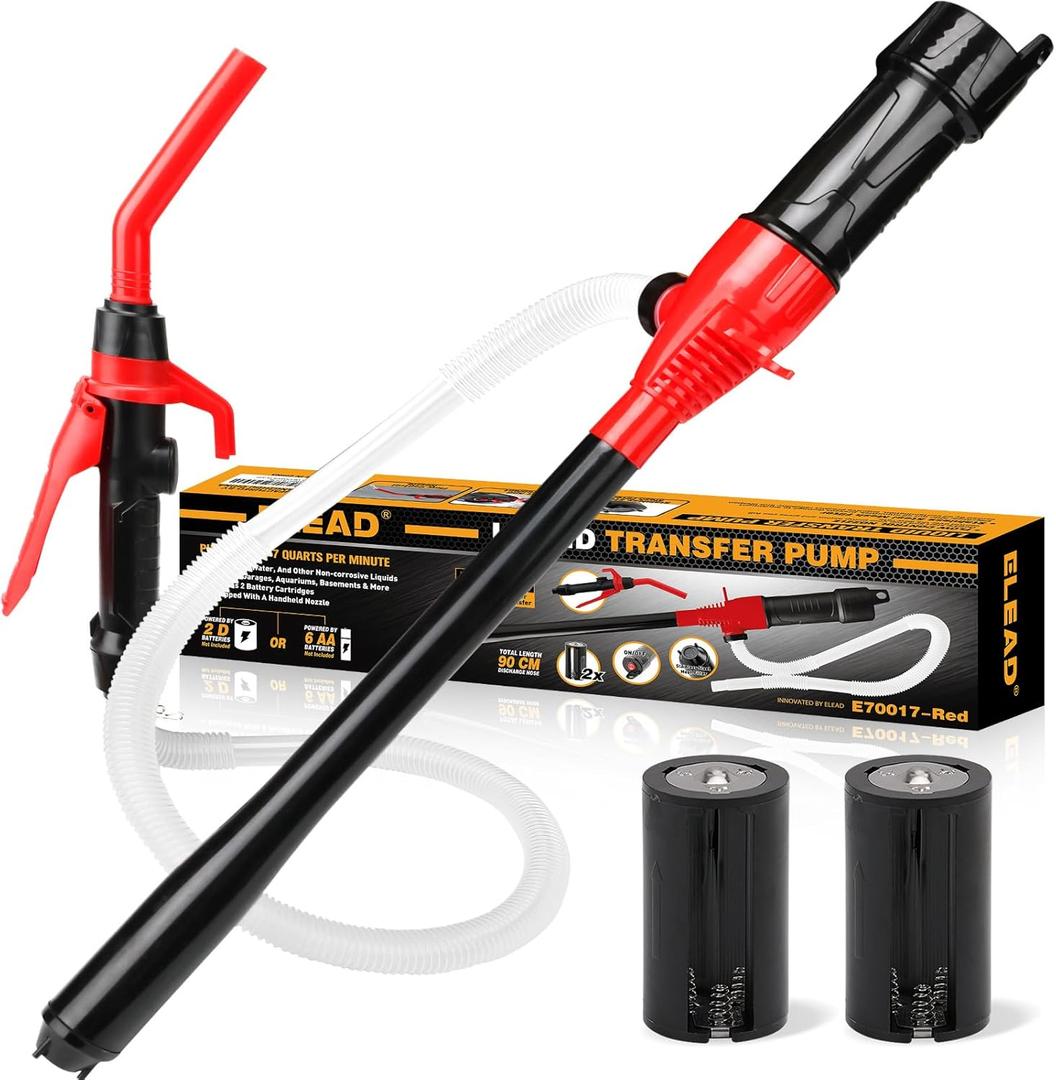 ELEAD Portable Battery Powered Pump - Red Electric Fuel/Water Transfer Pump 2.4 GPM, Liquid Siphon Pump with Adjustable Flow Control, Gas Pump with Filter Design, Gas Can Pump Ideal