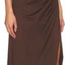 Capuffy Women's Sexy One Shoulder Long Formal Dress Ruched Waist High Split Cocktail Wedding Guest Party Maxi Dress 02 (Brown, L)
