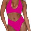 Women's Sexy High Leg Triangle Halter Bikini Set Padded Cup Bikini Cheeky Swimsuit V Cut Thong Bathing Suit, M
