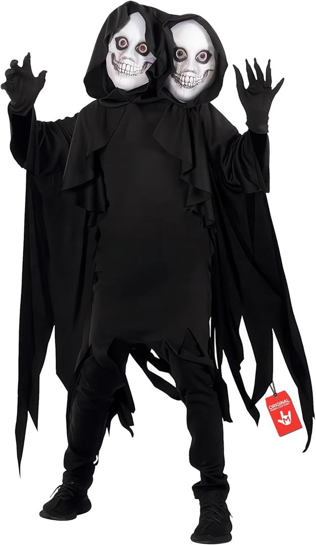 Morph Two Headed Ghoul Costume Kids, Grim Reaper Costume Kids, Boys Reaper Costumes, Boys Scary Demon Halloween Costumes (Medium)