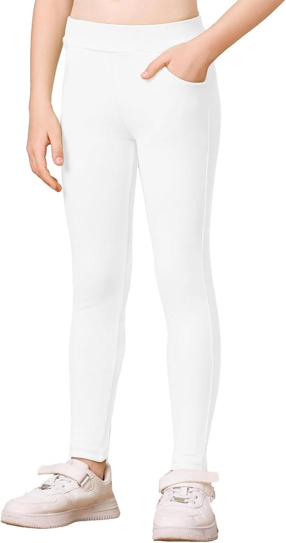 Girls Leggings Cotton Pants Stretchy Tight Toddler Basic Casual Legging with Pockets 5-13years (White)