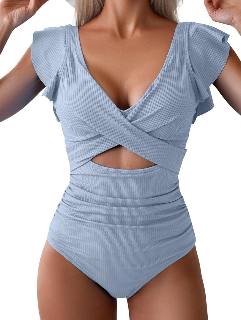 B2prity Women's One Piece Swimsuit Ruffle Cutout Bathing Suits Slimming Tummy Control V Neck Wrap Swimwear (Gray Blue Ribbed, Small)