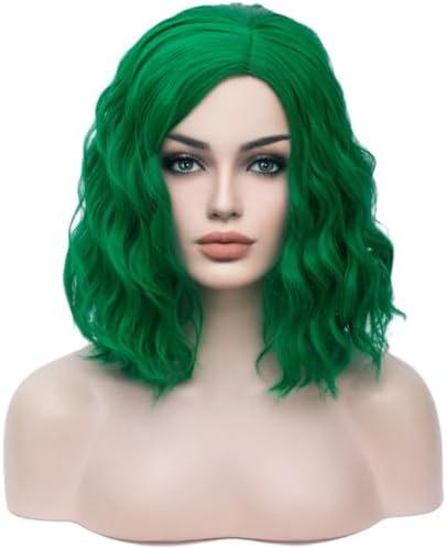 BERON Green Wigs for Womens Short Curly Wavy Hair Wig Girls Dark GreenSide Part Wigs Heat Resistant Synthetic Party Cosplay or Daily Wig