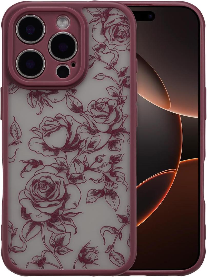 XIZYO for iPhone 15 Pro Max Case, Floral Flower Cute Aesthetic Case for Women Girls Rose Pattern Slim TPU Bumper Shockproof Protective Cover for iPhone 15 Pro Max 6.7 Inch, Branch Rose/Wine Red