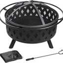 32 Inch Fire Pit Outdoor Burning Stove, 2 in 1 Metal Round Fireplace for Outside Bonfire Party, BBQ, Camping, Backyard, Patio, Garden w/Fire Poker, Spark Screen, Grate, Cover (Rhombic)