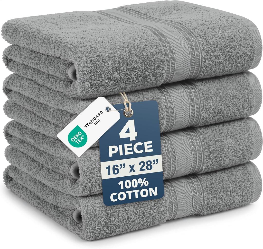 Grey Hand Towels for Bathroom - Pack of 4 (16" x 28") - 100% Cotton Double Stitched Edges - Ultra Soft, Quick Dry & Highly Absorbent - Everyday Comfort Hand & Face Towels for Family and Gym Use - Grey