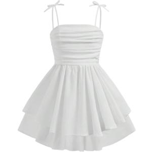 RoseSeek Girl's Flowy Cami Dress Ruched Sleeveless Pink Layered Ruffle Kawaii Short Smocked Summer Dresses (White), Size 5 Years Old