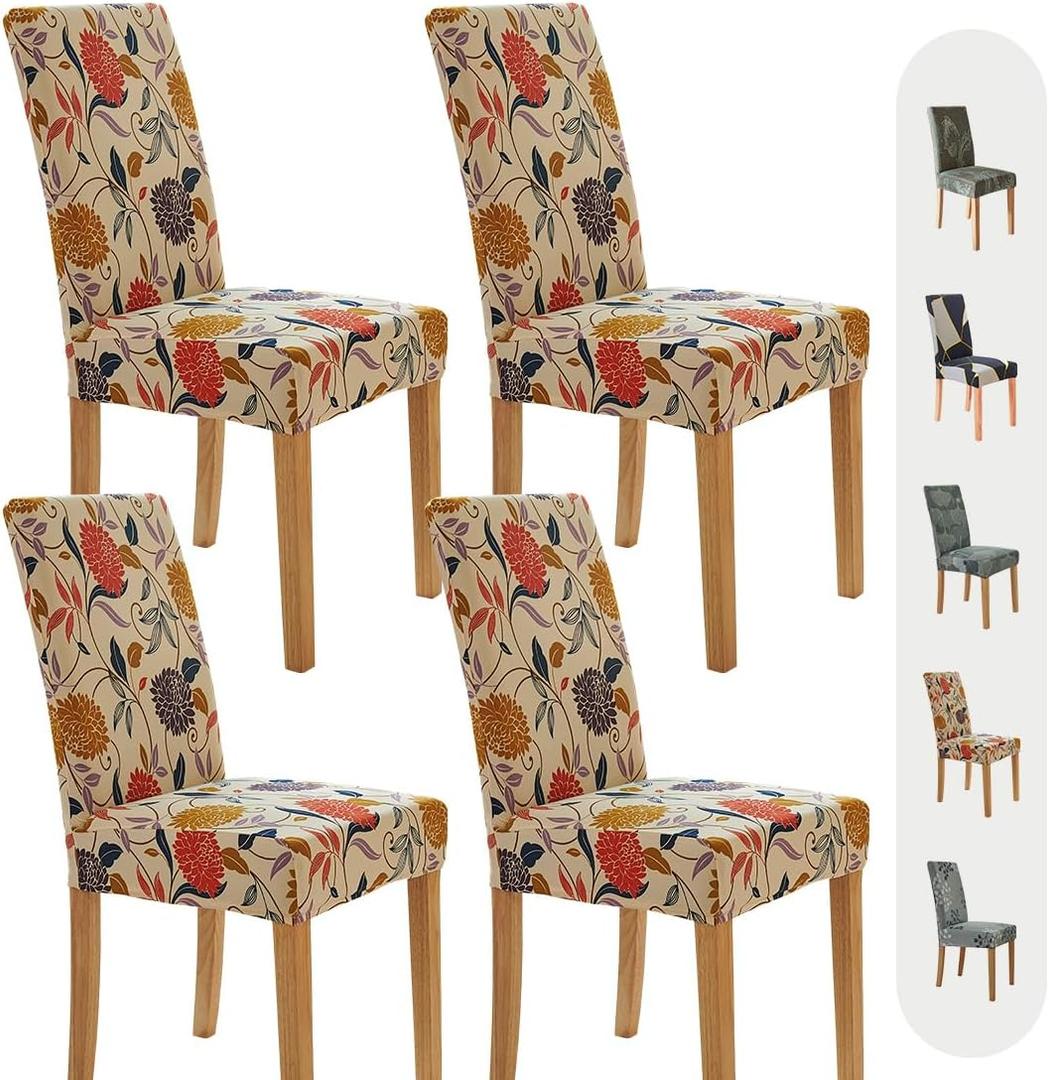 Secgo Chair Covers for Dining Room 4 Pack, Stretch Dining Chair Cover, Washable Spandex Kitchen Parsons Chair Slipcovers, Blue Chair Covers for Home or Party (Bloom Bright)