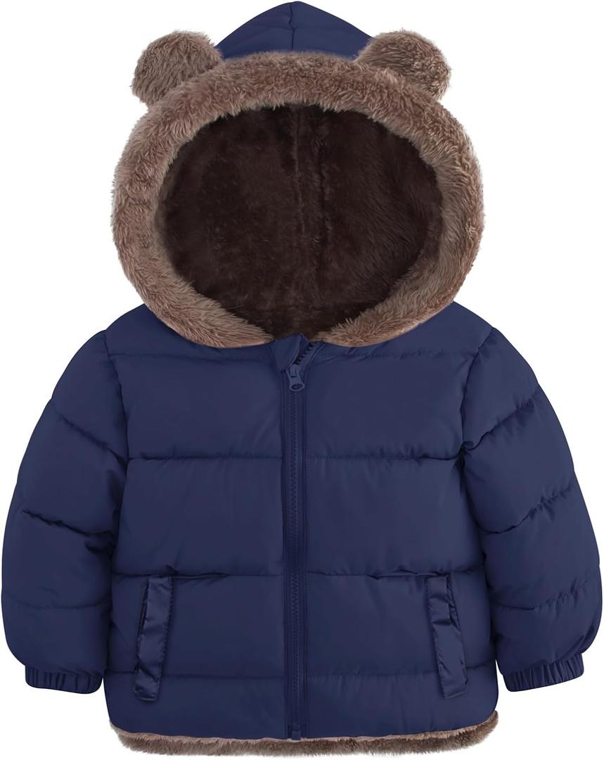 ADUKIDE Little Boys Puffer Jacket Size 12-24 Months Toddler Navy Blue Fleece Coat with Bear Ear Cozy Winter Clothes for Baby 1-2T