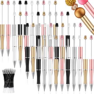 Crtiin 100 Pieces Plastic Beadable Pen Bulk Kit 50 Bead Ballpoint Shaft Black Ink Beaded Pens with 50 Refills for DIY Making Valentines Day Gift for Office(Black Gold)