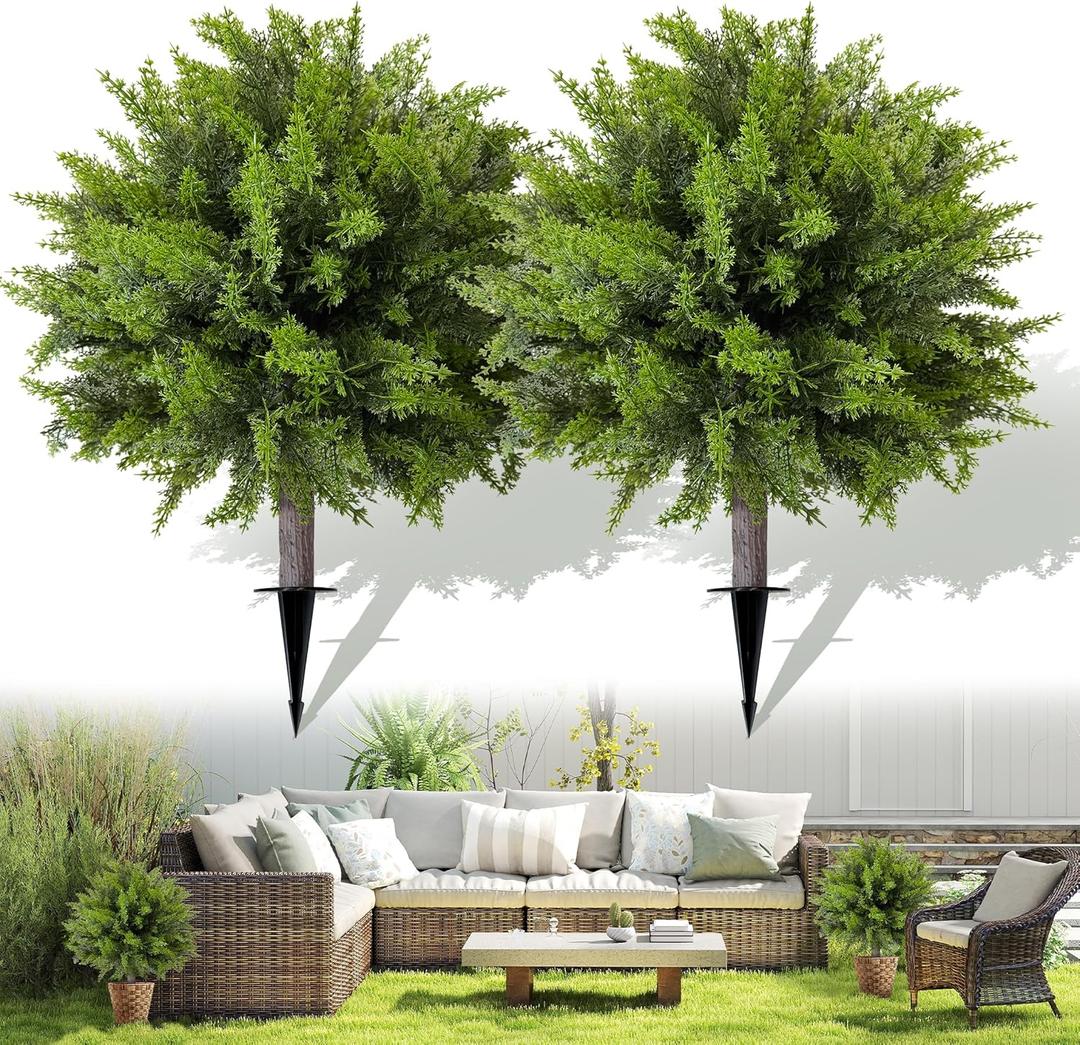 Artificial Cedar Topiary Ball Tree with Ground Spike: 23 Inch 2 Pack UV Resistant Faux Green Cypress Shrubs Plants Fake Bushes for Front Porch, Garden, Indoor and Outdoor Home Decor