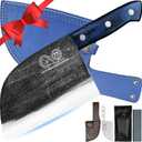 XYJ Antique Forged Butcher Knives, Serbian-Style Chef's Knife with Sheath, Heavy-Duty Meat Cleaver for Kitchen & Outdoor Use, Full Tang Construction (6.7", Blue)