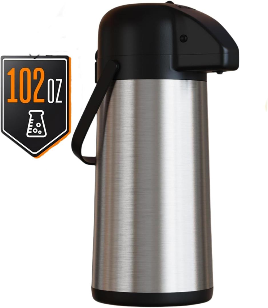 Coffee Carafe for Keeping Hot, 102OZ / 3L Airpot Coffee Dispenser with Pump, Extra Large Thermos for Hot Drinks, Tea & Liquid Stainless Steel Insulated Beverage Urn for Hot Water & Party Use