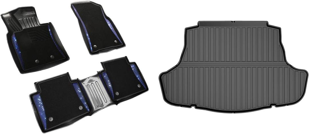 Bling Blue Diamond Double Layer Floor Mats & Black Cargo Liner Fit for Toyota Camry FWD Only 2018-2024 (Not Fit Hybrid) All Weather Heavy Duty Custom Fit Full Set