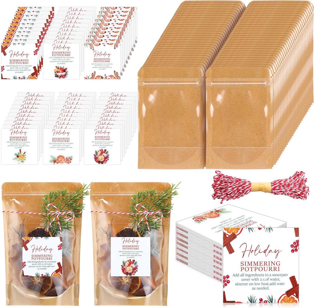 Gueevin 60 Pcs Christmas Stovetop Potpourri Gifts 9.5 x 6.3 Inches Kraft Paper Pouch Resealable Pouch Bag with Window Simmer Instruction Stovetop Potpourri Paper Tags and Rope for Teacher Neighbor
