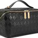 Large Capacity Travel Cosmetic Bag - Portable Makeup Bags for Women Waterproof PU Leather Checkered Makeup Organizer Bag with Dividers and Handle,Toiletry Bag for Cosmetics