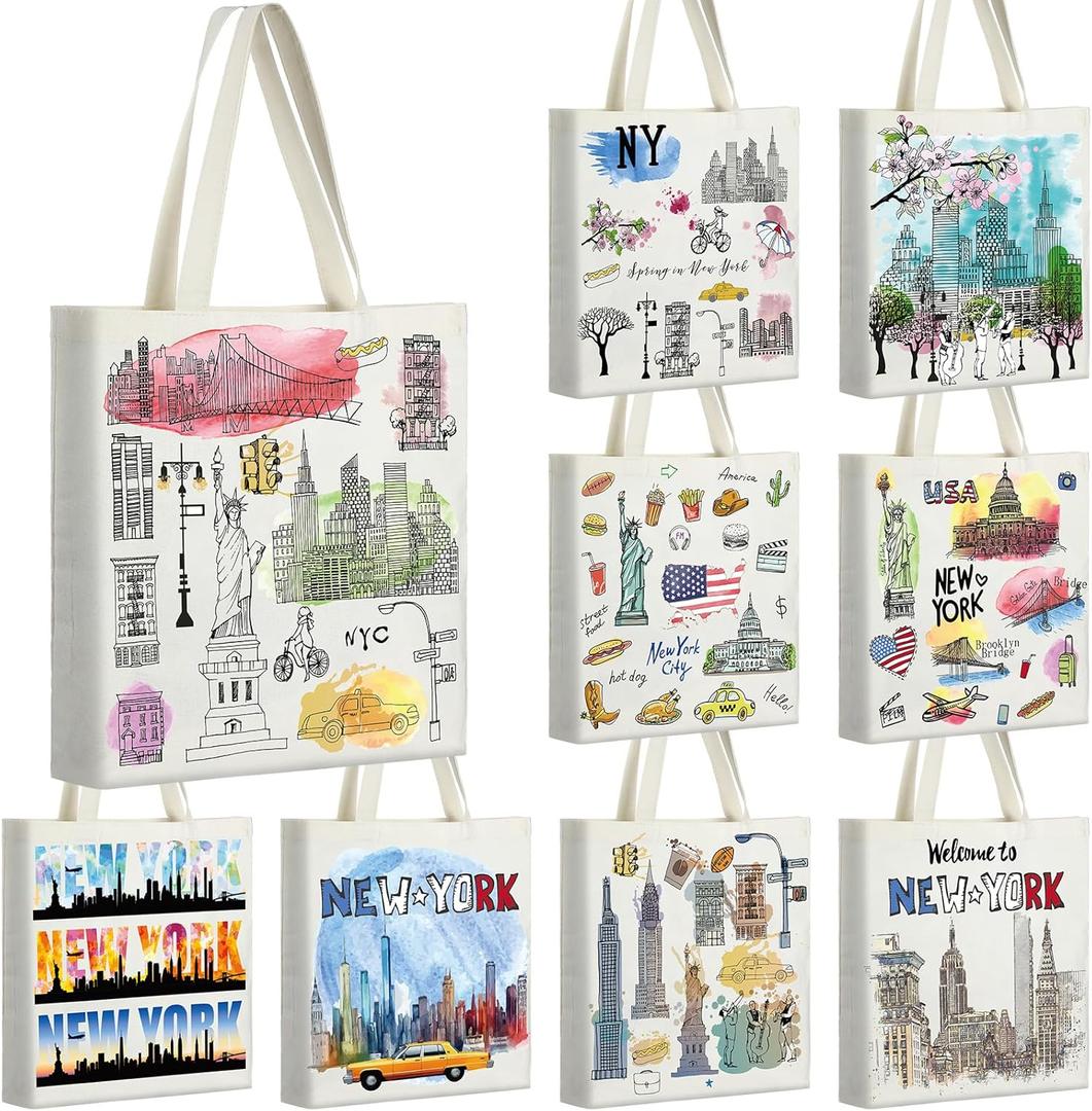 9 Pcs New York Tote Canvas Bags Souvenir Gift Grocery Shopping Tote Bag for Travel Gifts