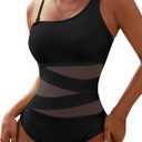 Blooming Jelly Women's Sexy One Piece Bathing Suits One Shoulder Swimsuits Slimming Mesh Swimwear (Large, Black)