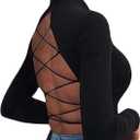 SOLY HUX Women's Open Back Tops Mock Neck Long Sleeve Criss Cross Backless T Shirt Going Out Crop Top (Plain Black), S