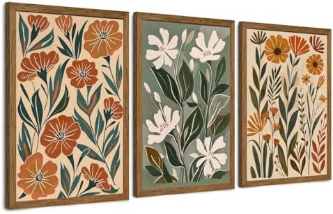 InspiredHues 3 Piece Abstract Boho Floral Canvas Wall Art, Green Beige Flower Market Wall Decor, Minimalist Colorful Botanica Artwork Prints for For Living Room Bedroom Office 16x24 Inch Wood Framed: Posters & Prints