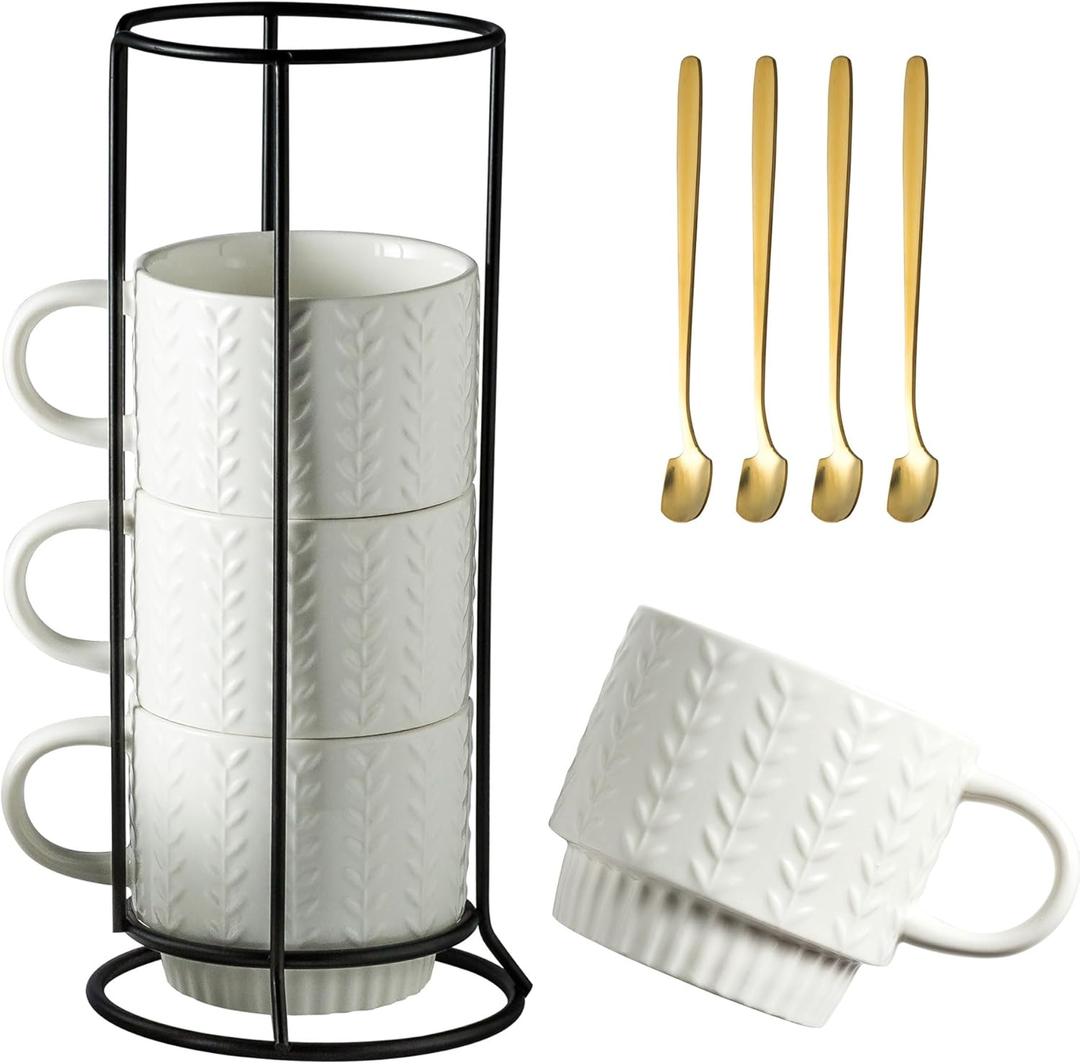 Stackable Coffee Mugs, Coffee Mug Set of 4 with Spoons & Stand, 13oz Espresso Cups for Drinks Latte Cappuccino Tea, Coffee Cup for Housewarming Birthday Gift, Dishwasher Safe, White