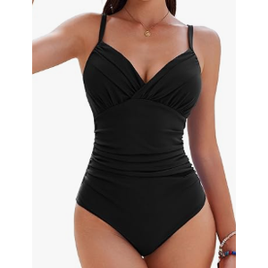 Women's One Piece Ruched Swimsuit 2025 Tummy Control Bathing Suits Sexy V Neck Swimwear