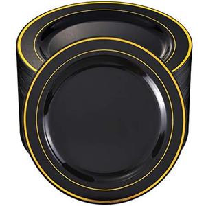 bUCLA 100 Pieces Black and Gold Plastic Dinner Plates - 10.25 inch Black Disposable Plates with Gold Rim - Ideal for Party, Graduation & Fathers Day