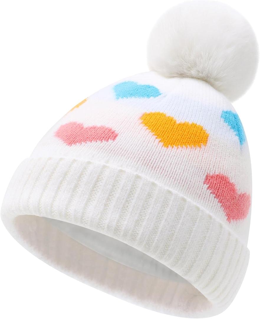 Toddler Kids Girls Winter Hat Cute & Warm Pom Pom Beanie 3M-8T | Ultra Soft Stretchy Fabric, No Tightness, Easy to Match All Outfits, Ideal for School, Park, Skiing And Outdoor Trips (White)