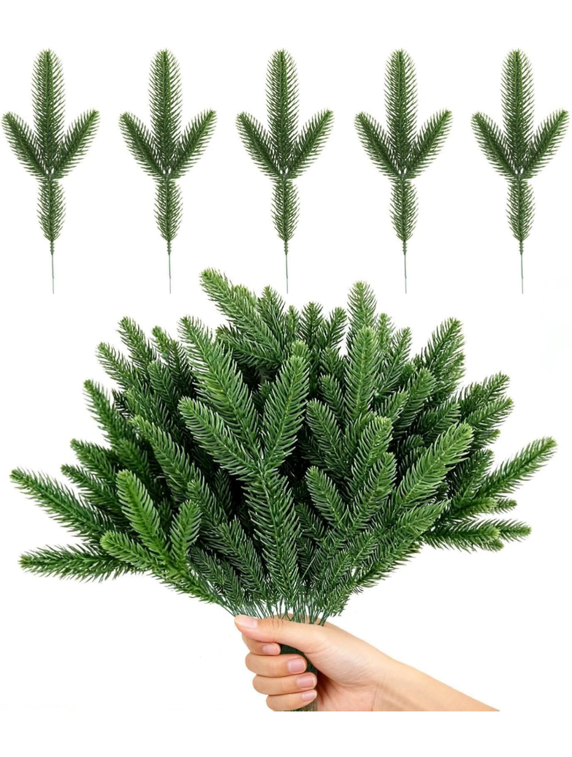 Artificial Green Pine Branches for Christmas Tree Filler Norfolk Pine Needles Stems for Xmas Fake Greenery Plants Picks Wreath DIY Decor Accessories