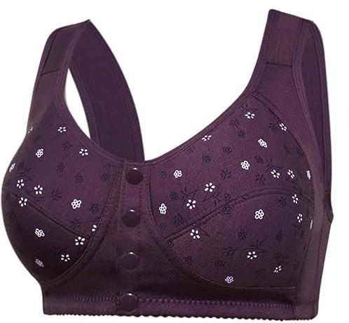 GENEHELF Daisy Bras for Older Women Breathable Front Close Button Bras, Full Coverage Comfort No Underwire Front Buckle Corset Bra (Purple, S)