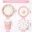 Whaline Pink Tea Party Tableware Supplies Serves 24 Pink Floral Tea Party Disposable Paper Dinnerware, 24 9" Plates 24 7" Saucer Plate 24 9oz Tea Cups with Handle 48 Luncheon Napkins