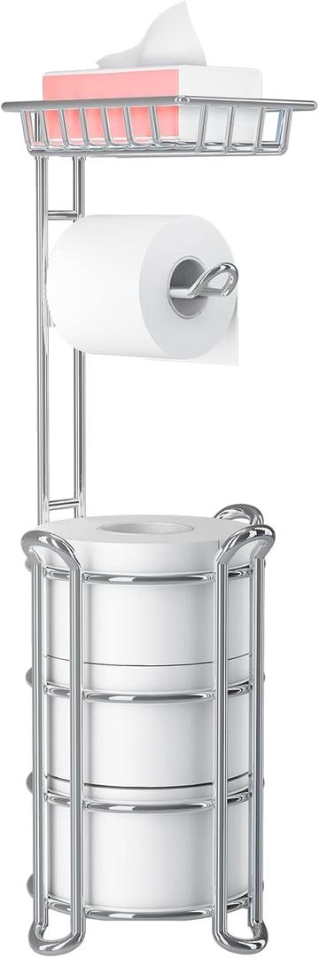 Toilet Paper Holder Stand with Shelf for Phone, Bathroom Free Standing Tissue Roll Storage Rack with Dispenser for 4 Mega Rolls, Chrome