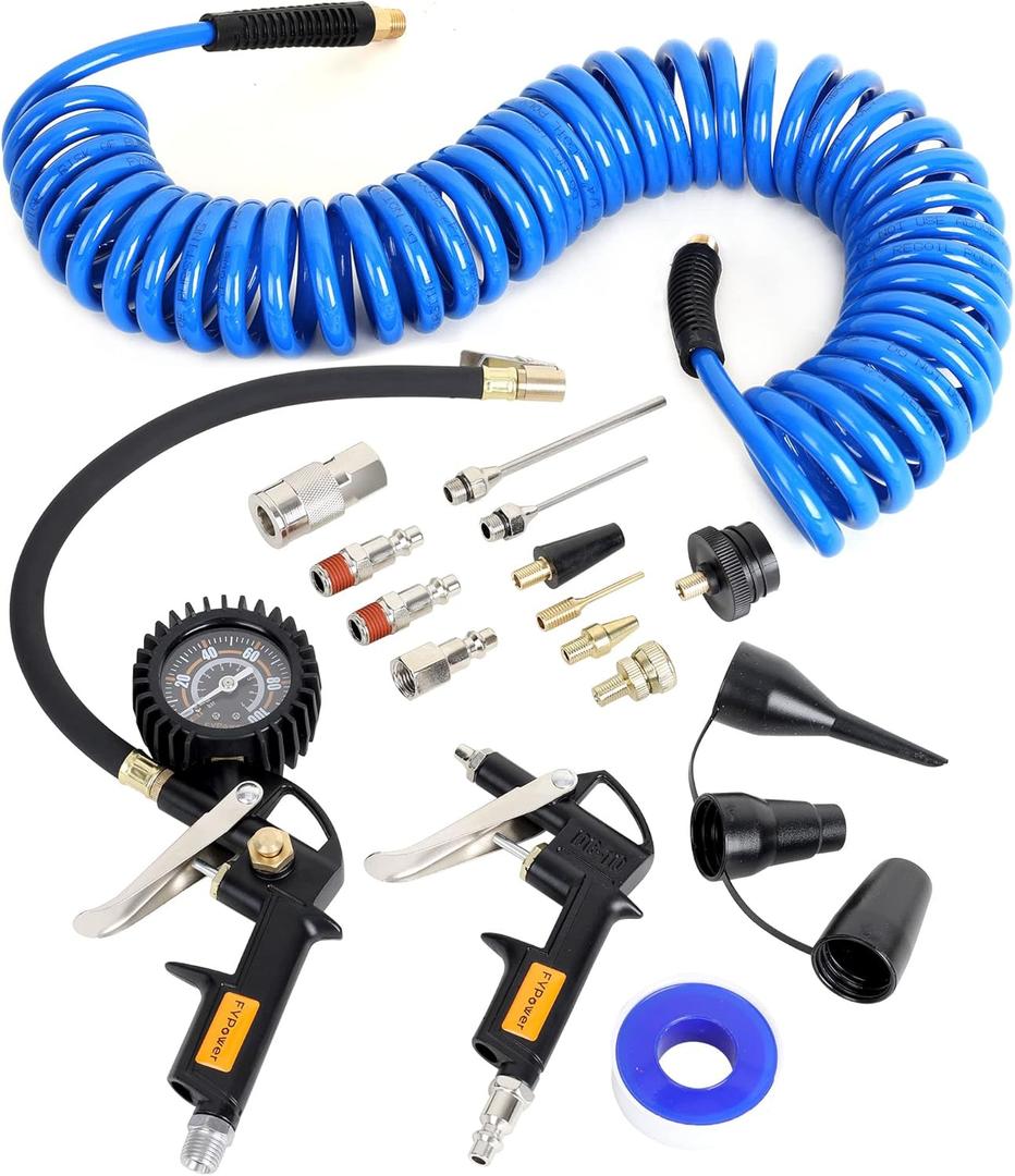 16 Pieces Heavy Duty Air Compressor Accessory Kit, 1/4 inch 25ft Recoil Poly Air Compressor Hose Kit, 100PSI Tire Inflator Gauge, Blow Gun and Nozzles, 1/4" NPT Air Coupler and Plug Kit