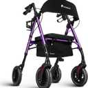 Lightweight Rollator Walker with Seat & Backrest - Foldable Mobility Aid for Seniors, 8" Large Airless Tires, Adjustable Height, Brake,Storage Bag,300 lbs Capacity, 4 Wheel Rolling Walkers for Adults